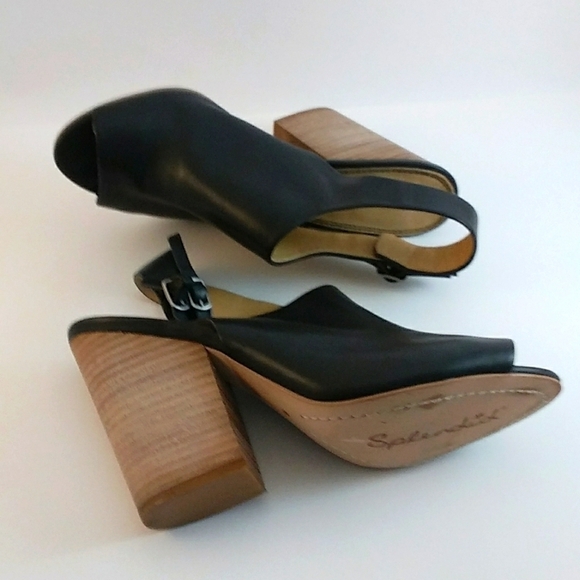 Splendid Black Leather Peep Toe Slingback Back Dress Shoes Size 8.5 Block Heels - Picture 5 of 7
